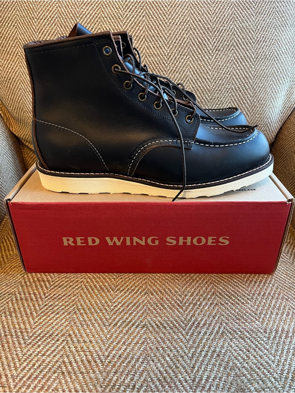 Red Wing Shoes Black Moc Toe Boot with White Wedge Sole